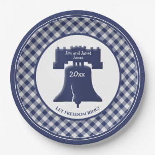 Prato De Papel Marinho Azul Gingham Liberty Bell Deixe Toque pela