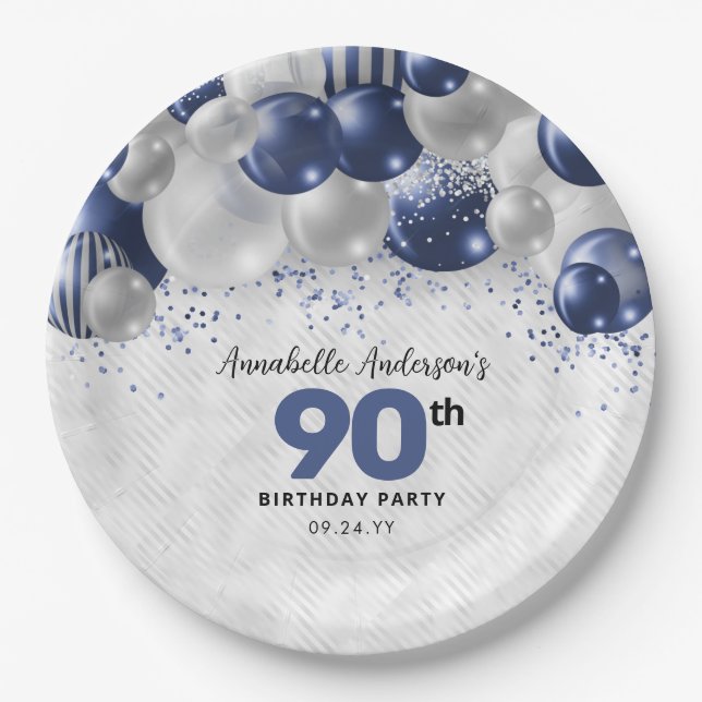 Prato De Papel Marinho Azul Prata Balão Brilhante 90 Aniversário (Frente)