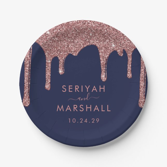 Prato De Papel Marinho Azul Rosa Dourado Sparkle Drives Casamento (Frente)