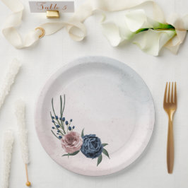 Prato De Papel marinho azul-rosa, poeirento, azul floral, casamen