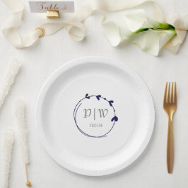 Prato De Papel Marinho Azul, Simples Coração Casamento Monograma