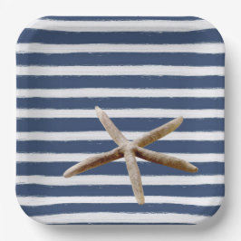 Prato De Papel Marinho Blue e White Stripes Starfish