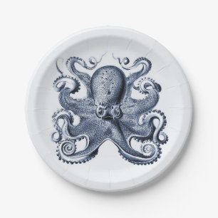 Prato De Papel Marinho Blue Octopus ilustrado por Ernst Haeckel