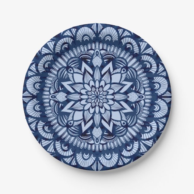 Prato De Papel Marinho Boêmia Blue Tie Dye Mandala (Frente)
