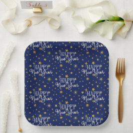 Prato De Papel Marinho Chic Azul e Dourado Feliz ano novo Estrela