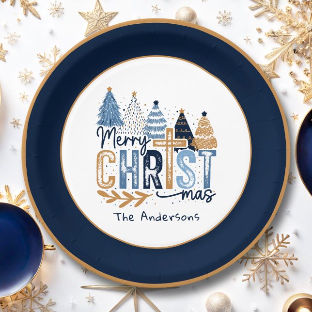 Prato De Papel Marinho Cristão Árvores Azuis Nome do Natal Modern (Christian Navy Blue Trees Name Modern Christmas Paper Plates)