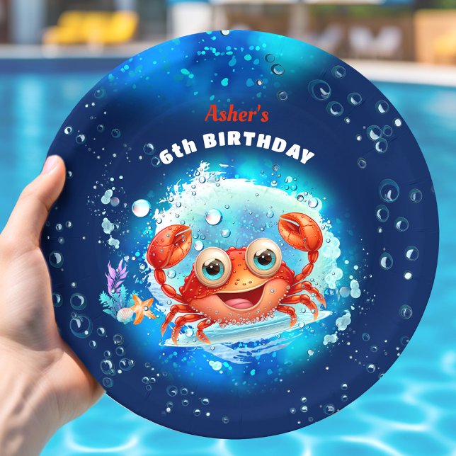 Prato De Papel Marinho De Caranguejo Festa de aniversário Azul Id (Crab Pool Navy Blue Birthday Party Boy Custom Age Paper Plates)