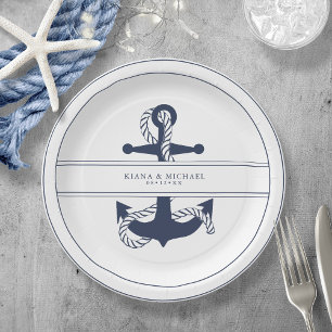 Prato De Papel Marinho de Casamento de Âncora de Onda Azul/Wht I