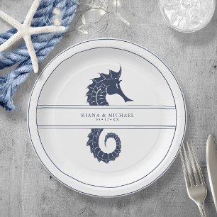 Prato De Papel Marinho de Casamento de Cavalo de Onda Azul/Wht ID