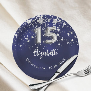 Prato De Papel Marinho de Quinceanera estrelas de prata azul
