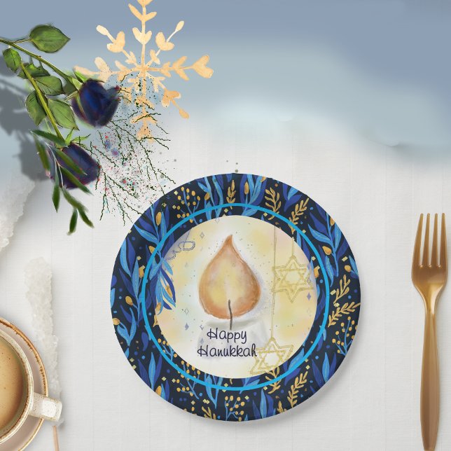 Prato De Papel Marinho de Velas Padrão Azul Feliz Hanukkah (Candle Navy Blue Pattern Happy Hanukkah Paper Plates)