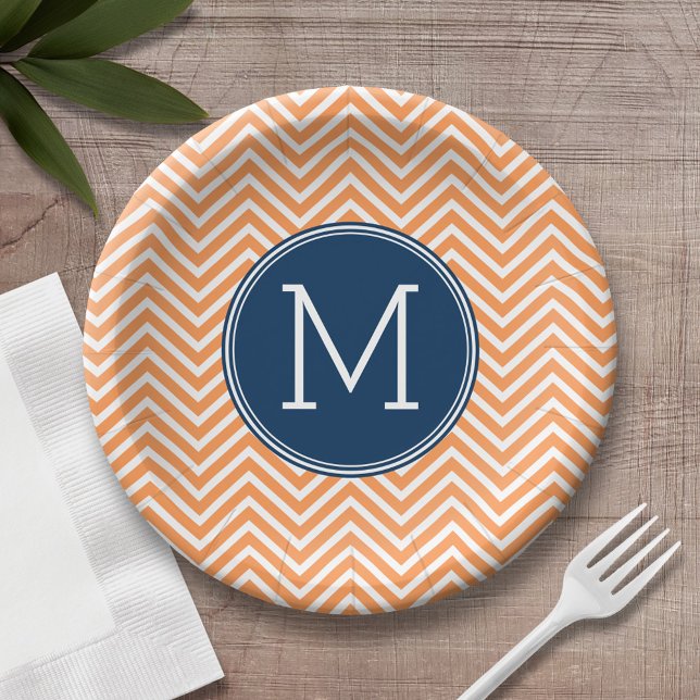 Prato De Papel Marinho e Cavalos Laranja com Monograma Personaliz (Personalized birthday plate with monogram)
