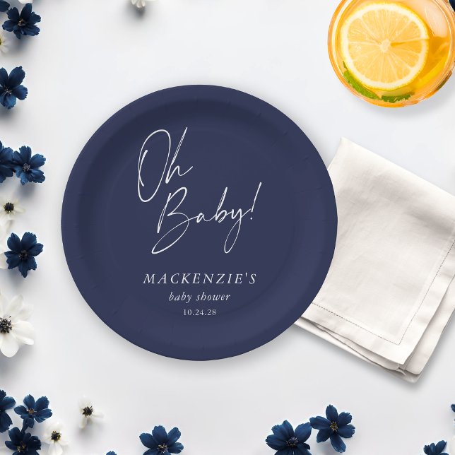 Prato De Papel Marinho Elegante Azul Oh Chá de fraldas (Elegant Navy Blue Oh Baby Baby Shower Paper Plates)
