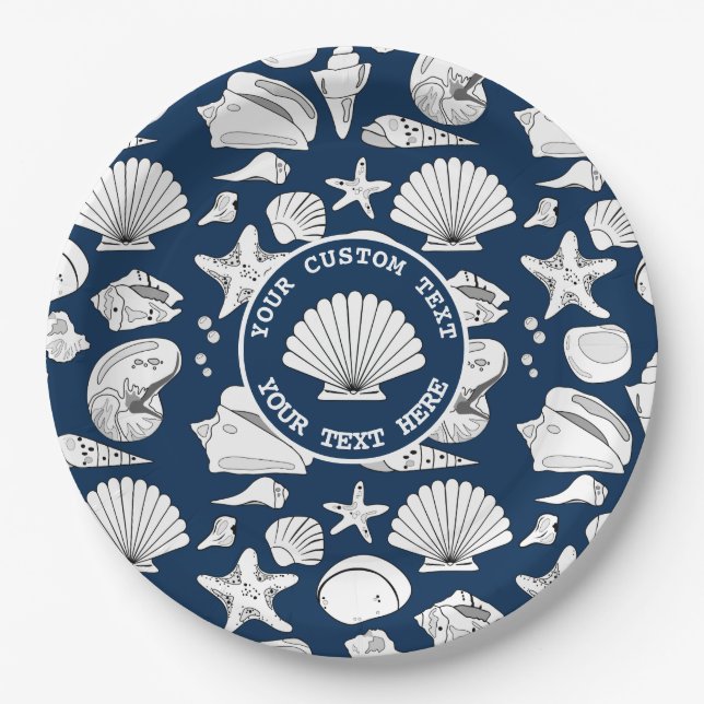 Prato De Papel Marinho Náutico Personalizado da Seashell Azul 9" (Frente)