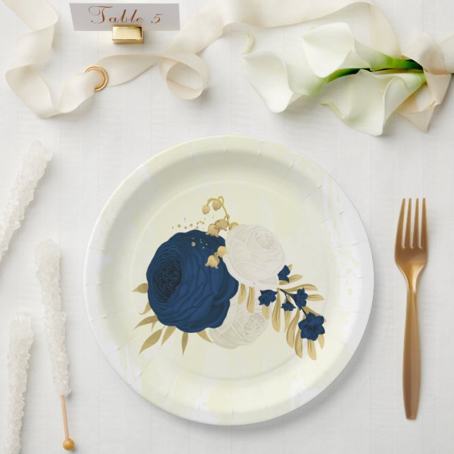 Prato De Papel Marinho romântico e flores brancas douradas (Casamento)