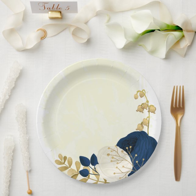 Prato De Papel Marinho romântico e flores brancas douradas (Casamento)
