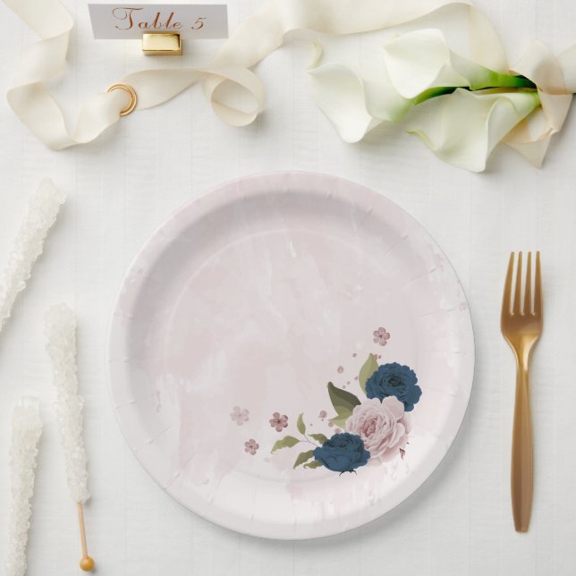 Prato De Papel marinho rosa, flores azuis, casamento botânico (Casamento)