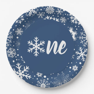 Prato De Papel Marinho Winter First Birthday Snowflake One Plates