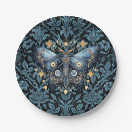 Prato De Papel Mariposa Noturna Mística em Aquarela Azul e Dourad