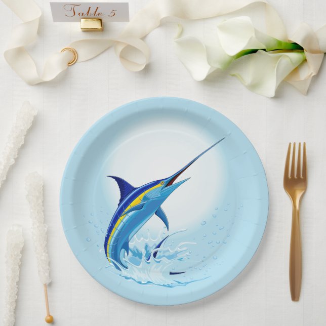 Prato De Papel Marlin Azul Saltando do Oceano (Casamento)