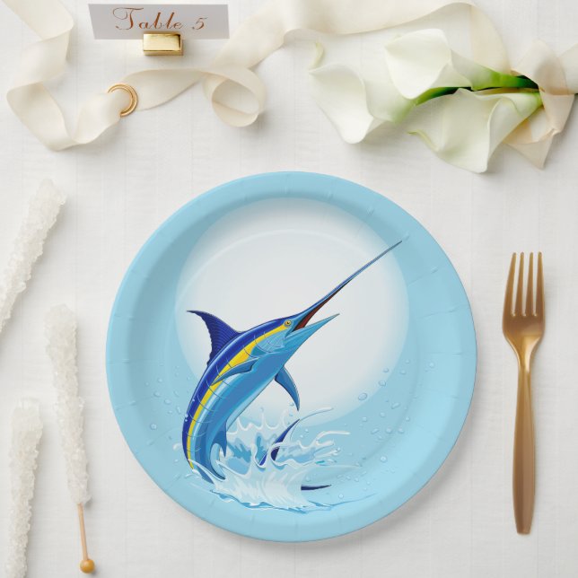 Prato De Papel Marlin Azul Saltando do Oceano (Casamento)