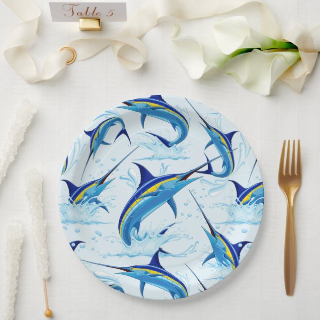 Prato De Papel Marlin Azul Saltando do Oceano (Casamento)