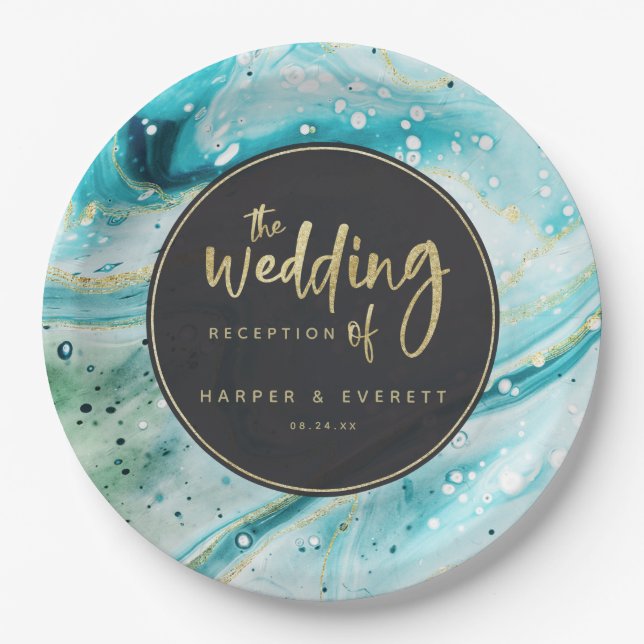Prato De Papel Mármaco de Teal Splash com Casamento Luxo Dourado (Frente)