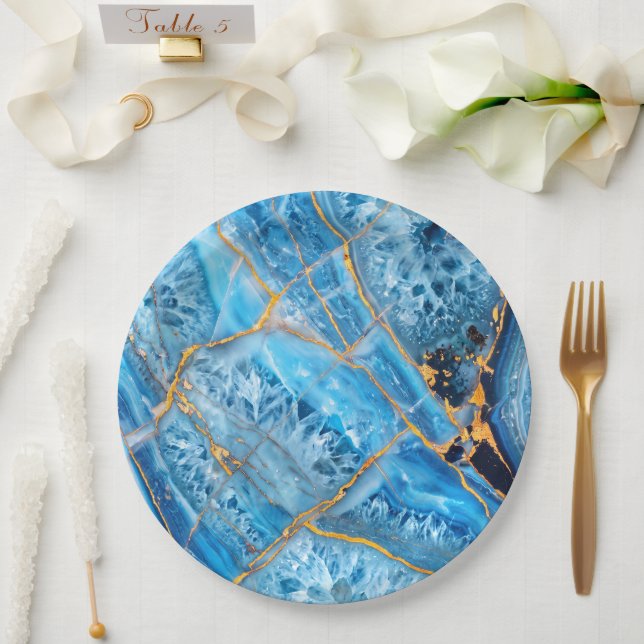 Prato De Papel Mármore Azul e Dourado (Casamento)