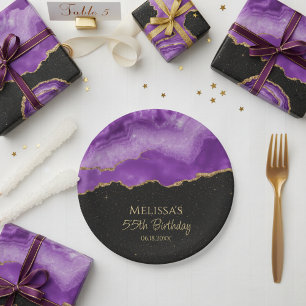 Prato De Papel Mármore de Aquarela com Brilho Dourado Roxo