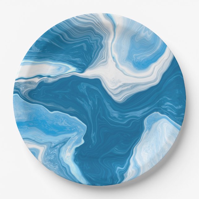 Prato De Papel Mármore de Fluidos Azul e Branco (Frente)