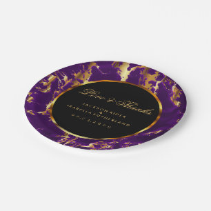 Prato De Papel Mármore preto, Dourado e roxo