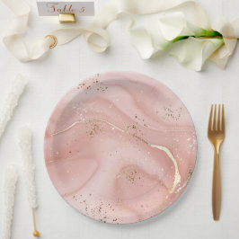 Prato De Papel Mármore Rosa Bege com Brilho Dourado Padrão Abstra