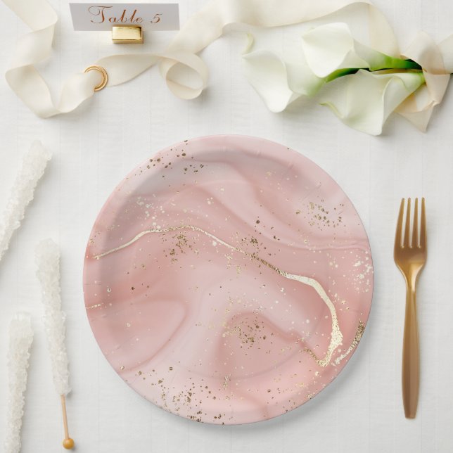 Prato De Papel Mármore Rosa Bege com Brilho Dourado Padrão Abstra (Casamento)