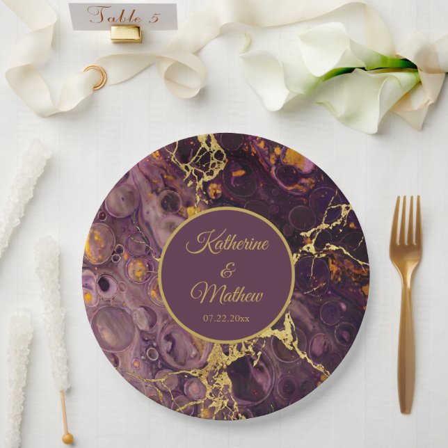 Prato De Papel Mármore Roxo Luxuoso Ameixa Com Nome (Casamento)