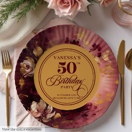 Prato De Papel Maroon Blush Dourado Floral 50º Aniversário