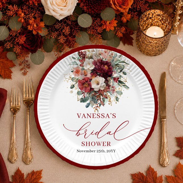 Prato De Papel Marsala Borgonha Dourado eucalipto chuveiro de noi (Marsala Burgundy Gold eucalyptus bridal shower plates

)