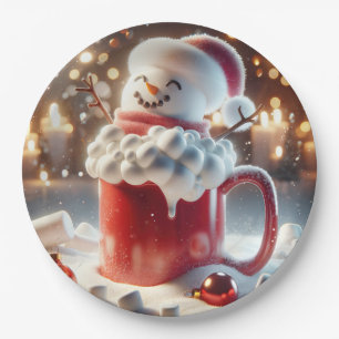Prato De Papel Marshmallow Snowman Em Chocolate Quente