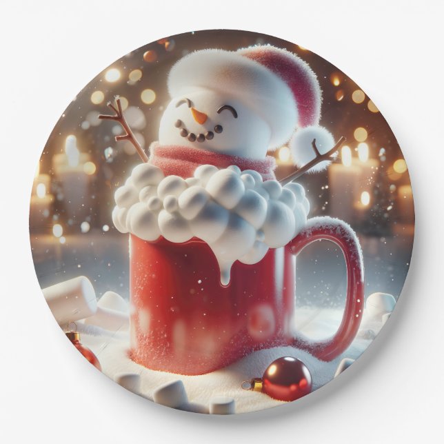 Prato De Papel Marshmallow Snowman Em Chocolate Quente (Frente)