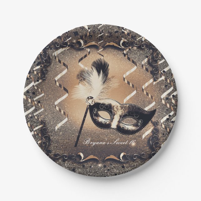 Prato De Papel Máscara de Mascarada Bronze e Creme Festa de Baile (Frente)