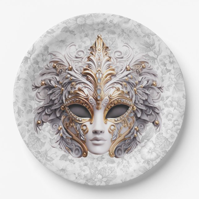 Prato De Papel Máscara de mascarada Colorida em Cinza (Frente)