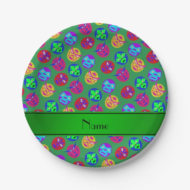 Prato De Papel Máscaras de luta mexicana verdes com nome personal (Frente)