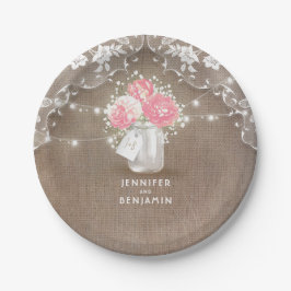 Prato De Papel Mason Jar Peonies Lace e Burlap Weds