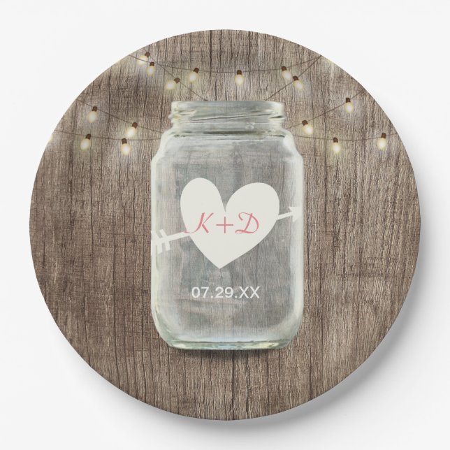 Prato De Papel Mason Jar & String Luzes Rustic Barn Wood Casament (Frente)