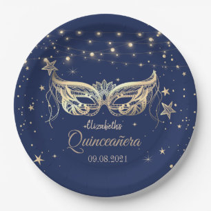 Prato De Papel Masquerade, Navy Blue Stars Quinceañera