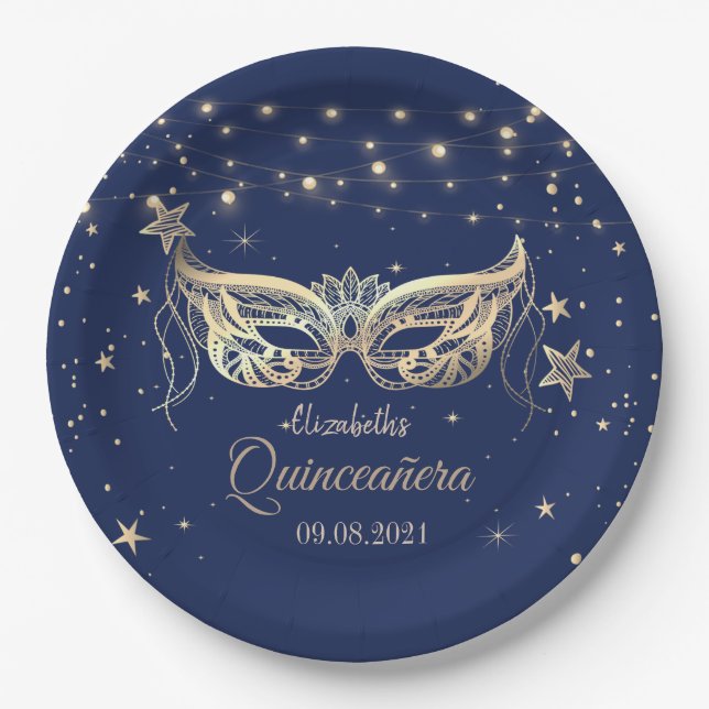 Prato De Papel Masquerade, Navy Blue Stars  Quinceañera (Frente)