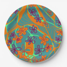 Prato De Papel Maximalist Floral Neuro Art - Teal Orange Magenta 