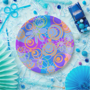 Prato De Papel Mazipoodles Bolhas Florais Azul-Laranja Múltiplo