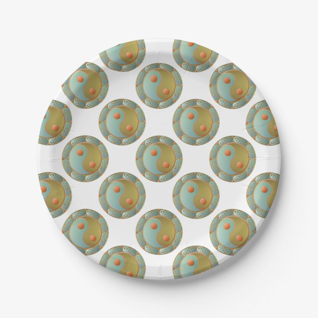 Prato De Papel Medalhão Dourado Yin Yang Turquesa (Frente)