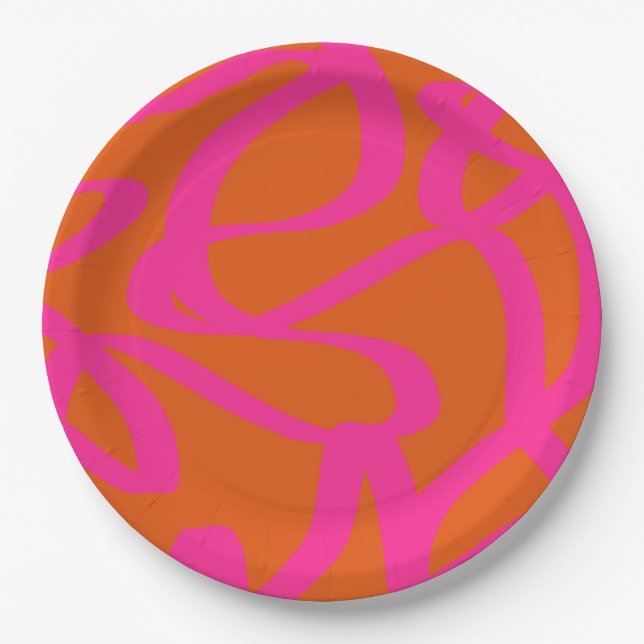Prato De Papel Meio século Moderno Linhas Abstrato Laranja E Rosa (Frente)