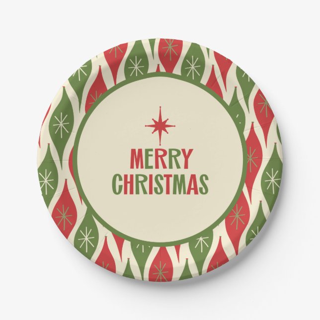 Prato De Papel Meio século Moderno Retrô Feliz Natal (Frente)